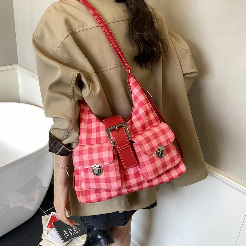 Retro multi-pocket women's bag large-capacity casual commuter bag women's fashion plaid double shoulder shoulder bag