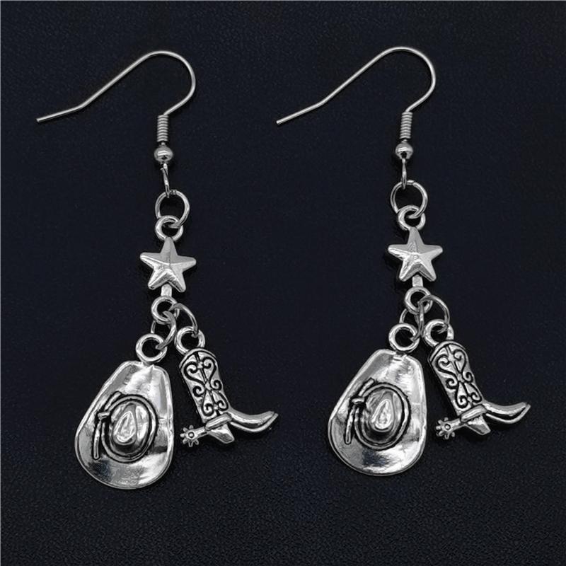 Moda Antyczny Srebrny Gwiazdkowy Urok Kowbojski Kapelusz Kowbojskie Buty Wisiorek Zwisające Kolczyki dla Kobiet Impreza Punk Biżuteria Prezenty