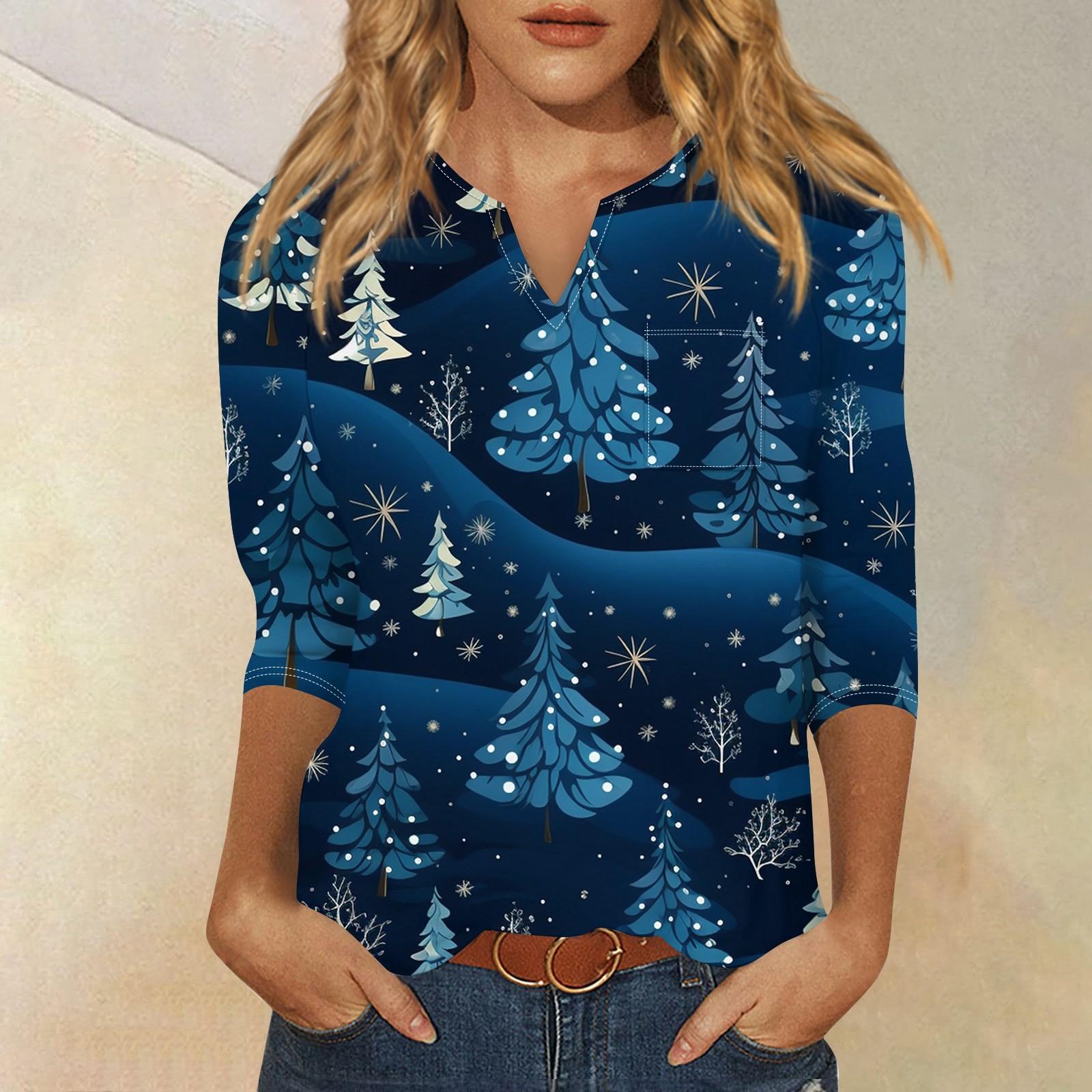 

Женская рубашка с рукавом семь дюймов, напечатанная в стиле ретро, повседневная, свободная, с V-образным вырезом, рождественская L циан