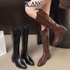 Cowhide version brown big tube circumferential boots women's thin boots but knee high boots pointed thick heel knight boots
