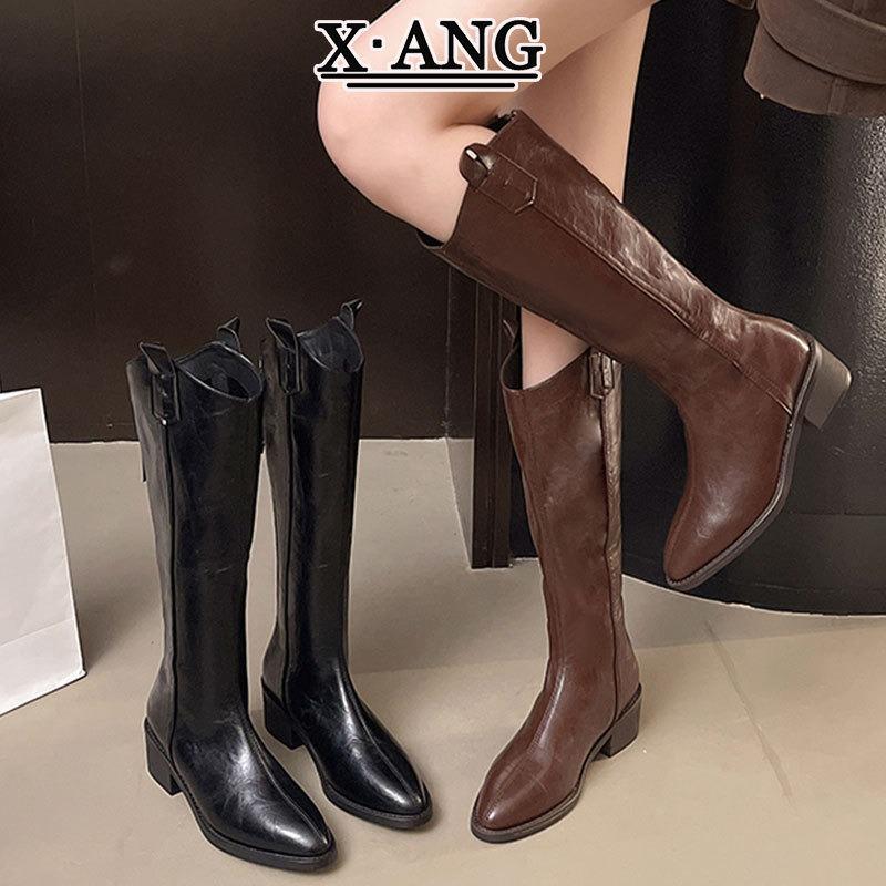 Cowhide version brown big tube circumferential boots women's thin boots but knee high boots pointed thick heel knight boots