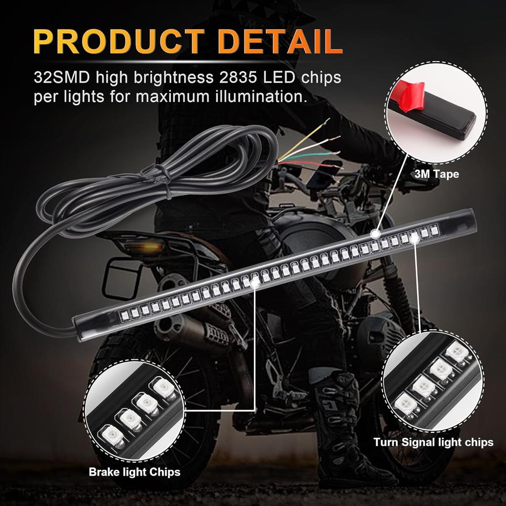 LivTee Universal 8" Flexible LED Light Strip with Tail Brake Stop Turn Signal Lights All-in-one for Motorcycle Scooter Quad Cruiser Off Road,