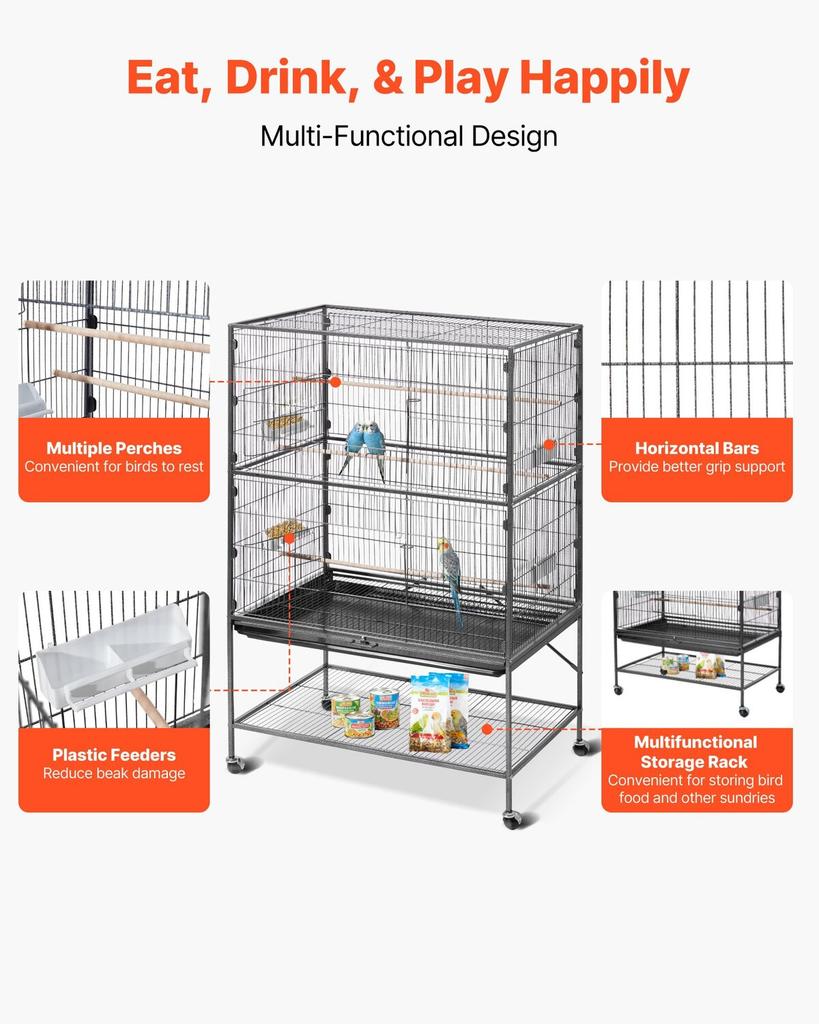 Bird Cage, 930 X 580 X 1510 Mm, Flat Top, Wrought Iron Bird Flight Cage with Perches, Slide-Out Tray and Plastic Feeders, for Blue Tit, Cockatiel,