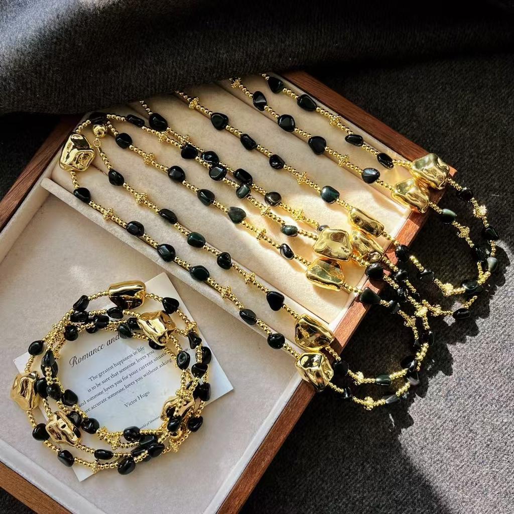 Vintage High Quality Natural Black Agate Design Sweater Chain Necklace Collarbone Chain
