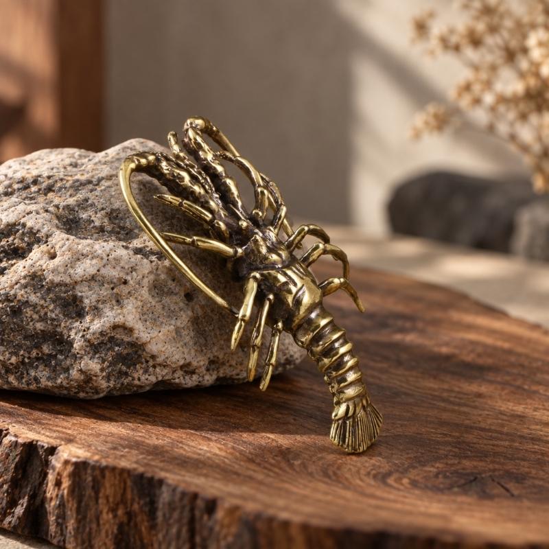 Lobster-Shaped Brasses Figurine with Antique Brasses Tone for Home, Office, Cabinet, Entryway Table, and Shop Counter Display