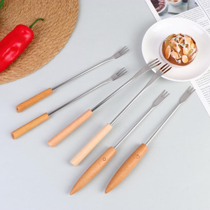 Fondue Fork Set for Chocolate Cheese BBQ Reusable Stainless Steel Wooden Handle Fruit Forks for Party Dipping and Grilling
