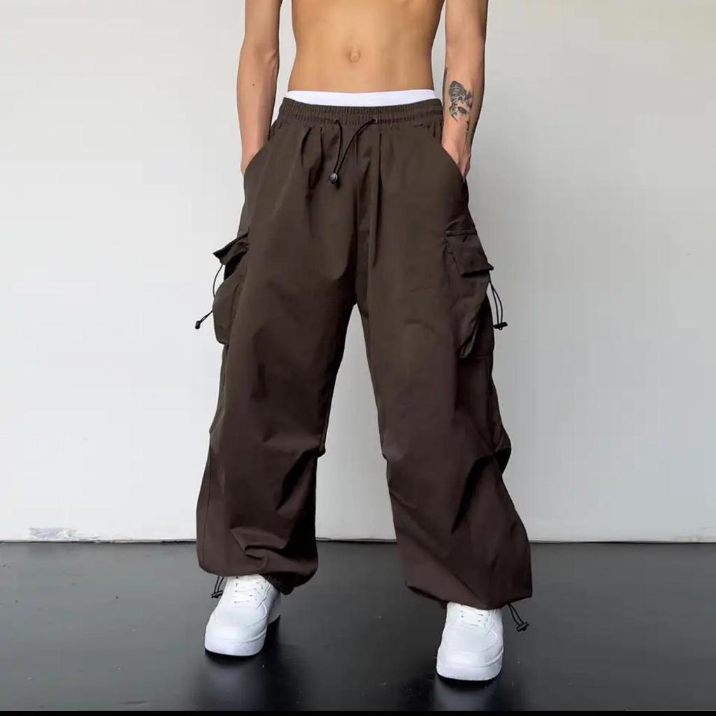 American Style Men's Workwear Casual Wide-Leg Pants with Drawstring and Cuffed Hem