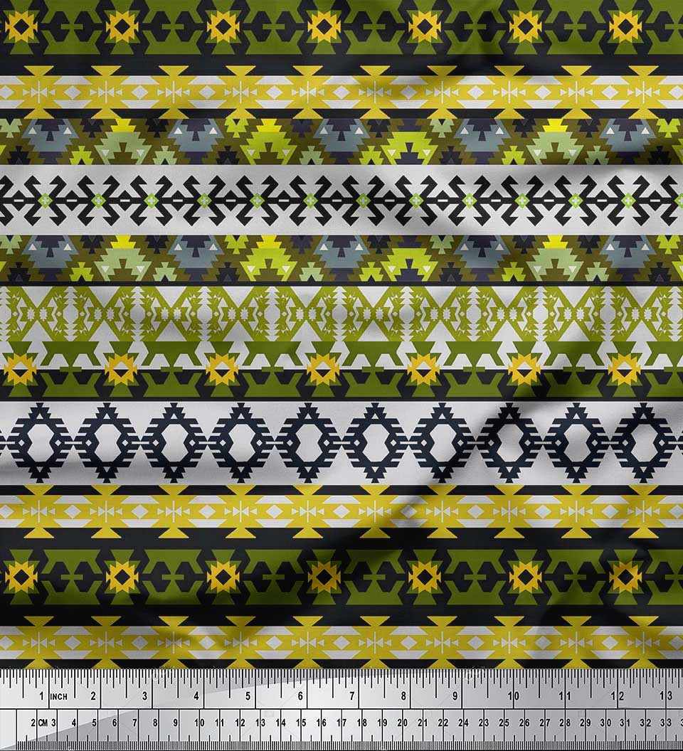 

Японська креп-атласна тканина Soimoi Південно-західний ацтекський принт Тканина на метр 42 дюйма 42 Inch Wide - Poly Crepe жовтий