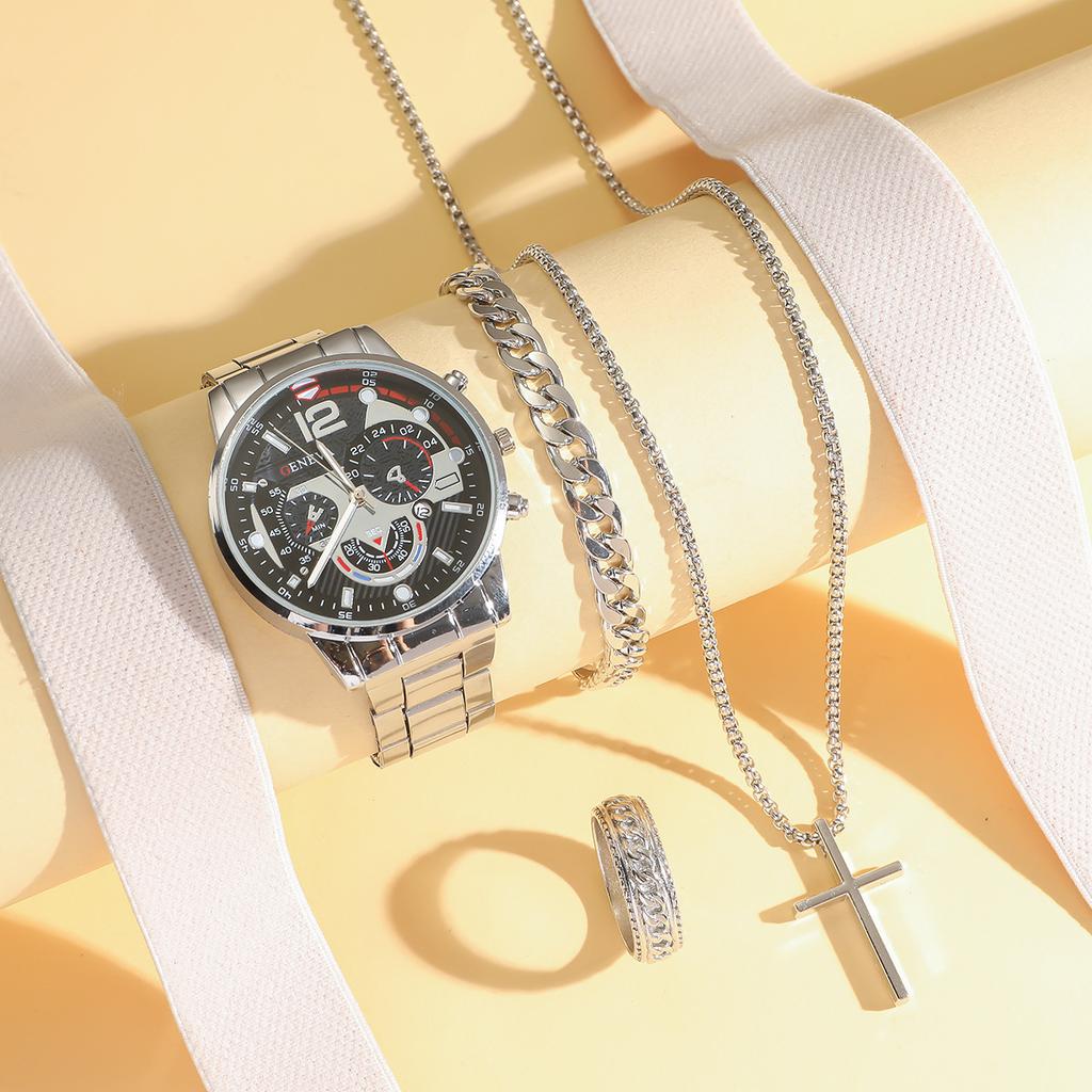 Fashion Business Men'S Watch Calendar Watch Men'S Steel Strap Watch Business Bracelet Set