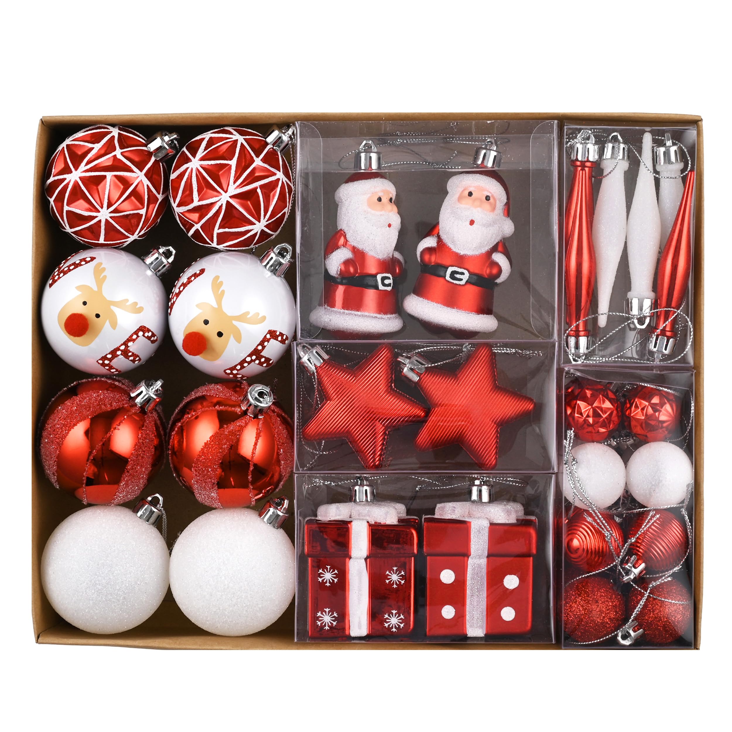 

Valery Madelyn Christmas Set of Red and with Santa and Christmas Tree Stylish Red and White Ornaments, 40, White, Bells, Claus, Reindeer, Ornaments.