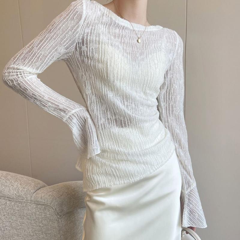 Asymmetrical Thin Hollow-out Lace Sun Protection Cover-up Women's Summer Slim Fit Figure-flattering Crew Neck Bell Sleeve T-shirt Top