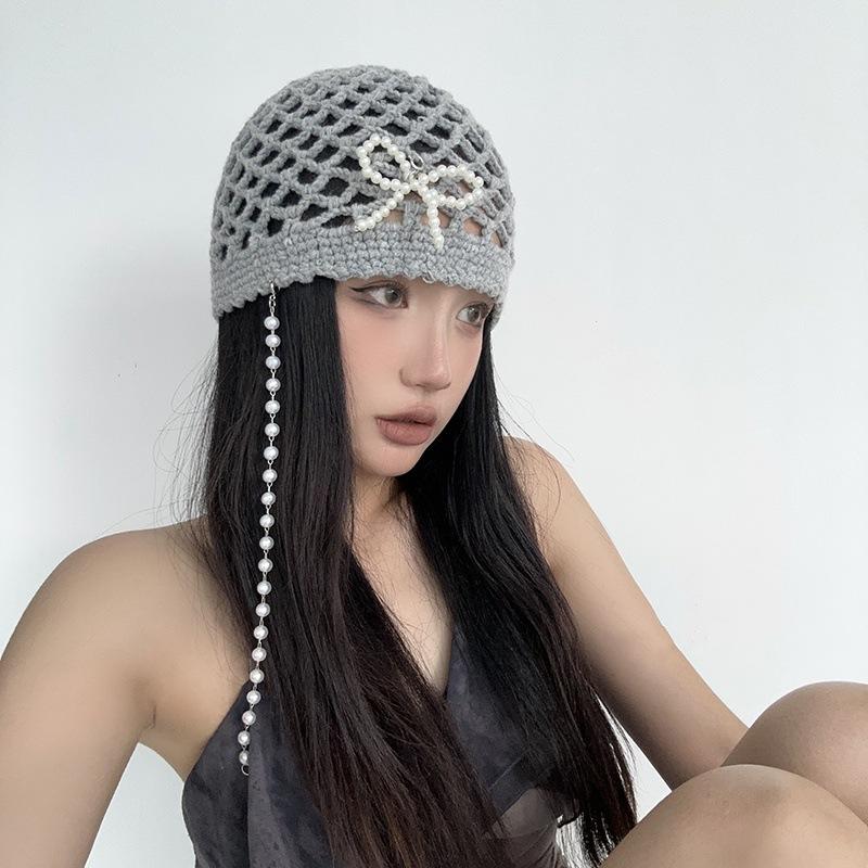Pearl Bow, Hollow Knitted Wool Cap, Korean Version, Ins, Wrap Cap, Fashion, Hat, Versatile, Show Face Small