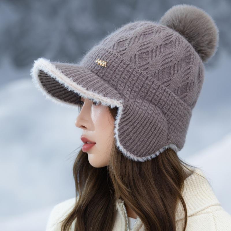 Autumn and Winter Velvet Warm Duck Knitted Hat Outdoor Leisure Cold Wind Snow Ear Hat Women's Winter Knitted Wool Hat Outdoor Travel Windproof Hat
