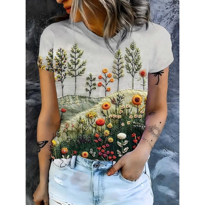 

Ladies short sleeved T-shirt with subtle 3D countryside floral design, perfect for spring and trendy outings S