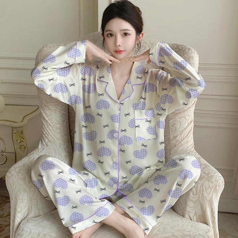 Premium Heart-Shaped Spring And Autumn Princess Style Ice Silk Satin Pajamas Women'S Long-Sleeved Lapel Loungewear Two-Piece Set