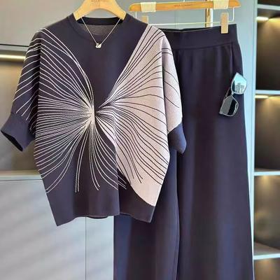 Completi Casual alla Moda da Donna a Manica Media Primavera & Estate Nuovi Arrivi Eleganti Pantaloni a Gamba Larga Set Due Pezzi in Maglia