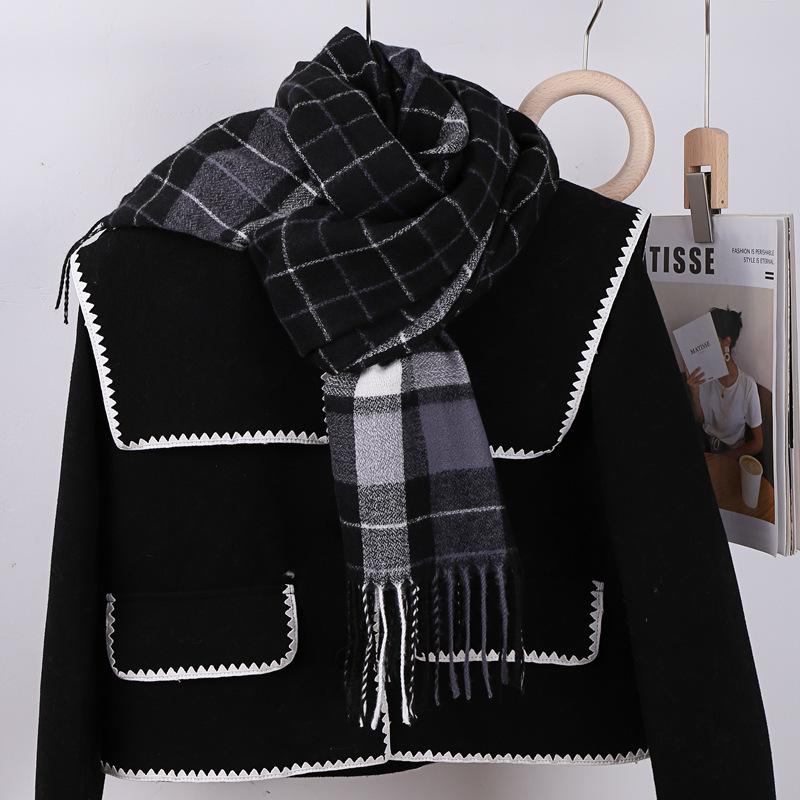 Women's Winter Plaid Imitation Cashmere Tassel Scarf, Thickened Korean Style Neck Warmer