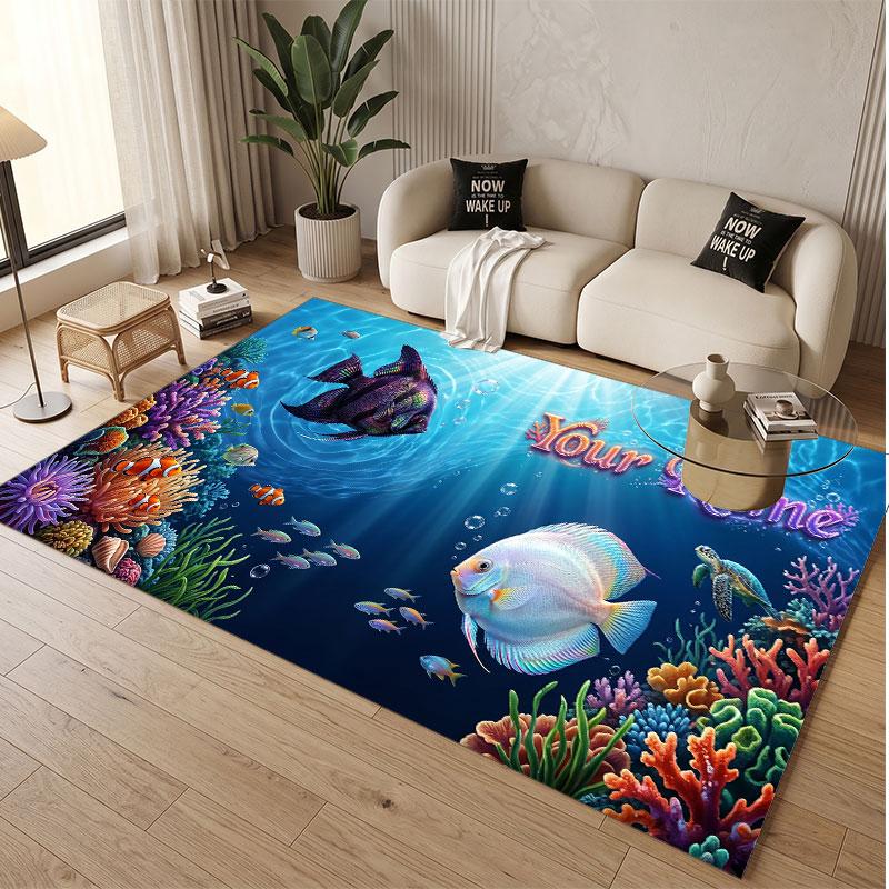 Fish Ocean Theme Soft Crystal Velvet Rug Custom Name & Text Print Non Slip Floor Rug for Bedroom Living Room