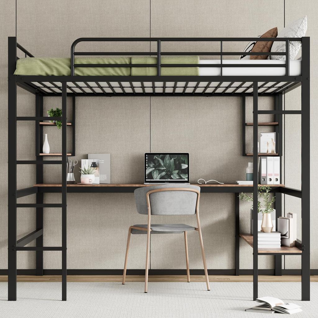 Hochbett 140x200 Schreibtisch, 4 kleine Regale, großes Bücherregal, Metallbettgestell Lattenrost (ohne Matratze) Kinder/Erwachsene, Schwarz