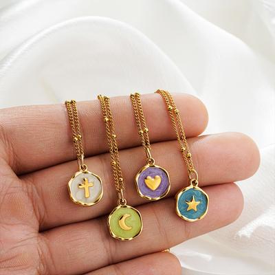 Collier Pendentif Punk Géométrique Irrégulier Émail Coloré Pierre Naturelle pour Femmes Acier Inoxydable Croix Cœur Opale Tour de Cou Cadeaux