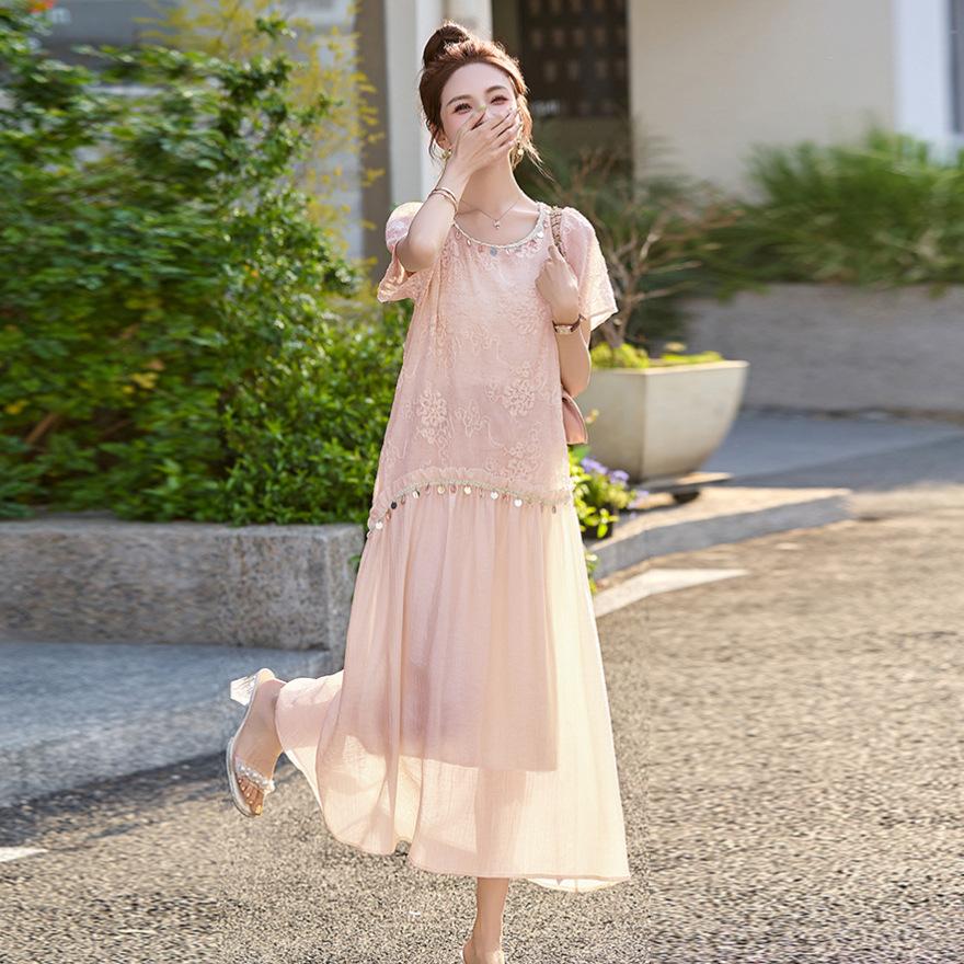 

Sequin splicing design temperament dress women s summer new huge good-looking short-sleeved fairy skirt M рожевий