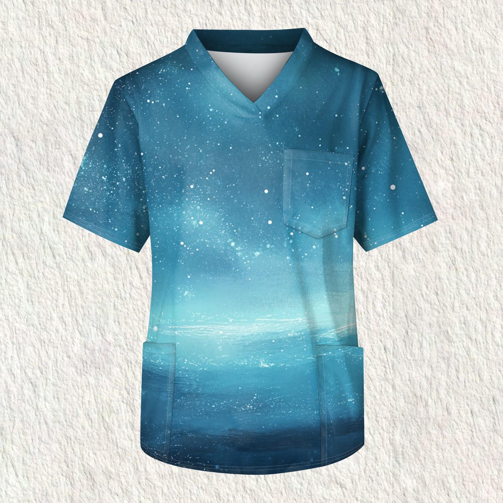 

Мужская рабочая блузка с короткими рукавами и v-образным вырезом с принтом, топ с нагрудным карманом XL циан