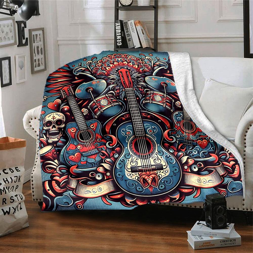 1pc Guitar Music Lightweight Flannel Blanket, Comfortable and Warm Blanket, for Office and Camping Sofa Bed, Livingroom205