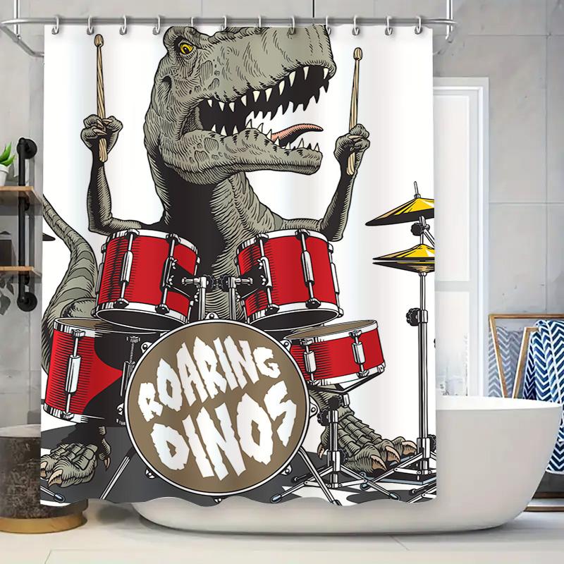 

Ревущие Динозавры Ударная Установка Занавеска для Душа Декор Динозавр Группа для Детских Ванных Комнат Красный Тираннозавр Рекс Музыкальный Инструмент Мультяшный Принт 90x180cm