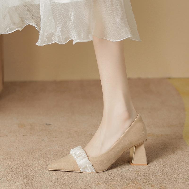 High-heeled single shoes for women's autumn and winter new thick-heeled pointed shallow-mouth shoes retro style