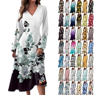 Women's Autumn And Winter Casual Fashion V-neck Long Sleeve Print Long Dress