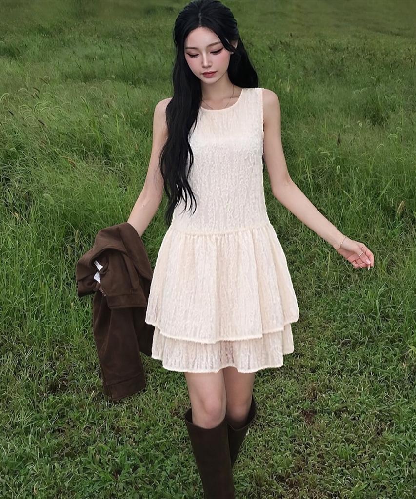 Kathrin Double Frill Sleeveless Dress Cream