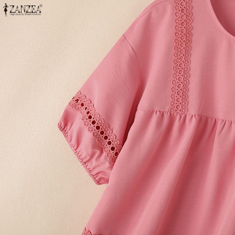 ZANZEA Women Casual Lace Embroidery Patchwork Short Sleeve Crochet Blouse Tops