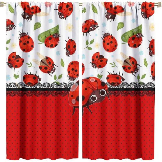 Niedliche Cartoon Tier Marienkäfer Vorhänge, Abstrakt Moderne Kunst Frühling Wald Grün Blatt Marienkäfer Fenster Vorhänge Wärmeisolierend Stangentasche Verdunkelung
