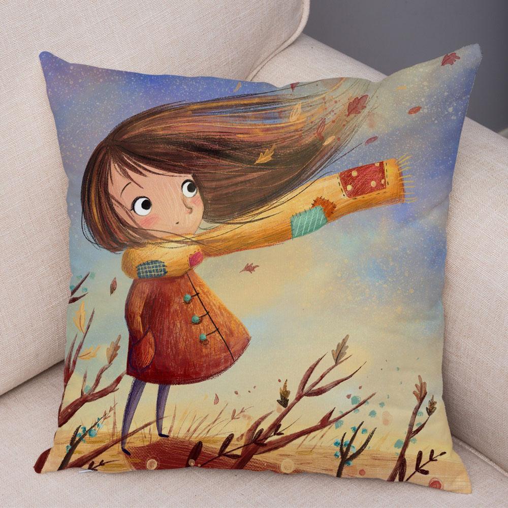 Super Soft Plush Pillow Case for Sofa Home Watercolor Cartoon Girl Cushion Cover Decor Fairy Tale World Lovely Child Pillowcase