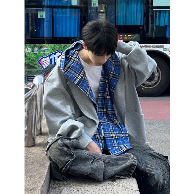 Men's Two-Piece Look Cardigan Hoodie, Spring/Autumn 2024 Trend, Heavyweight Patchwork Zipper Jacket