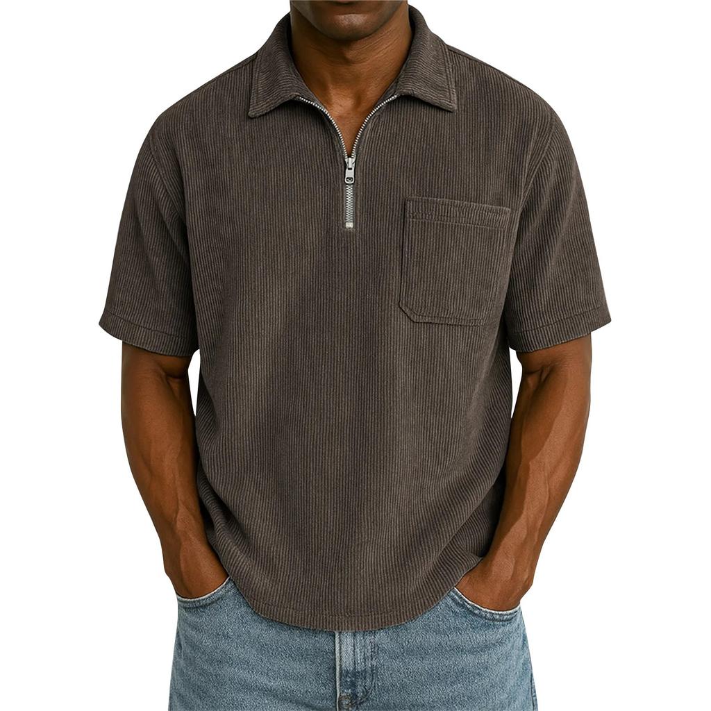 Men's Summer Solid Color Zipper Pocket Lapel Loose Short Sleeve Top
