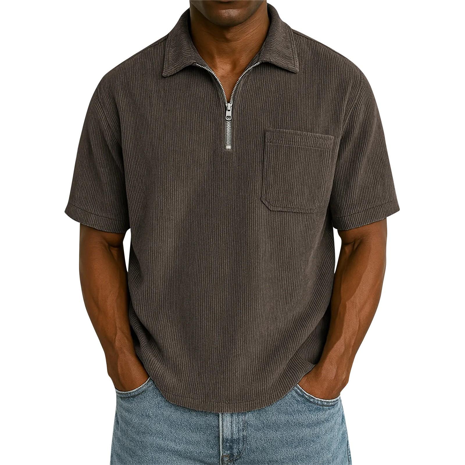 

Men s Summer Solid Color Zipper Pocket Lapel Loose Short Sleeve Top L коричневий