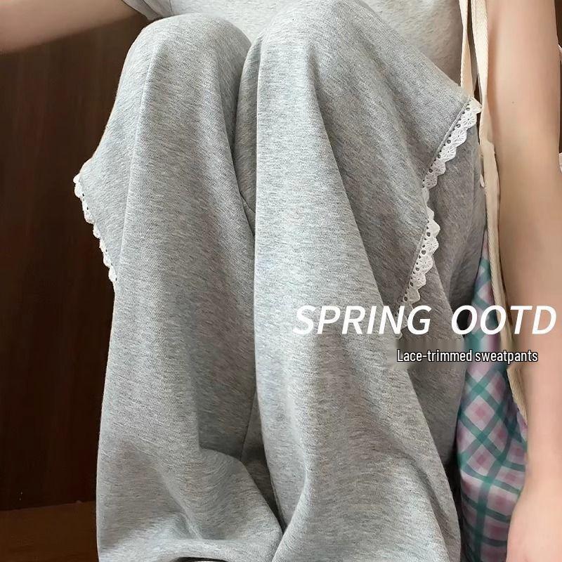 

Women s Light Gray Lace Trim Joggers - Wide Leg, Petite, Casual, for Spring, Summer, Autumn S
