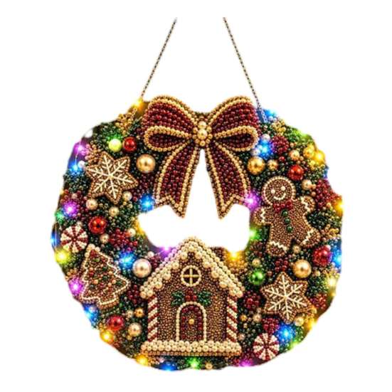 Handgefertigter festlicher Heimdekorations-Weihnachts-Diamantmalerei-Kranz-Bausatz mit LED-Lichterkette, Schneemann-Perlenkunst beleuchtete Türdekoration für Erwachsene,