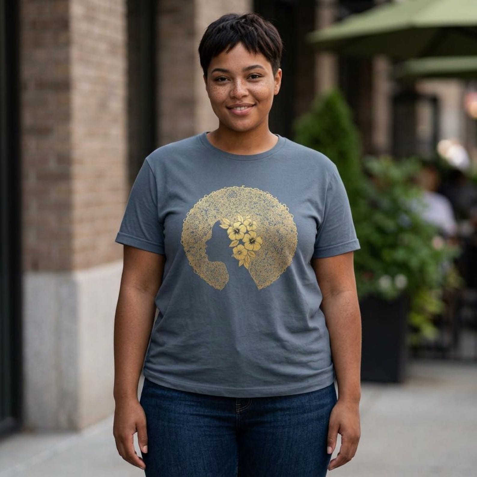 Floral Afro Silhouette T-shirt | Woman Profile Flower Hair 3XL
