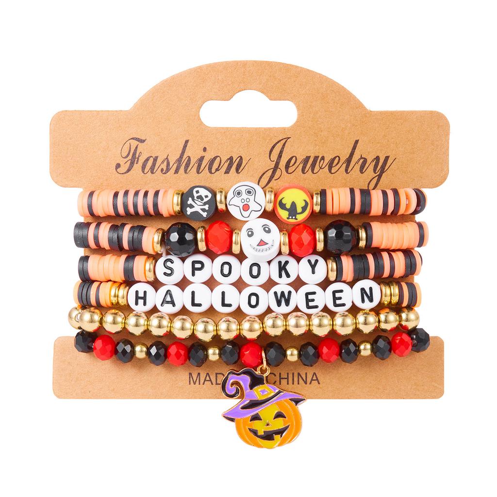 New Creative Pumpkin Skull Ghost Spider Bracelets Set for Women Handmade Polymer Clay Beads Stackable Bracelet Halloween Jewelry