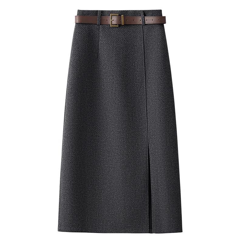 Luxury Gray Wool A-Line Midi Skirt for Women - Elegant Autumn/Winter 2024 Hip Wrap with Slit