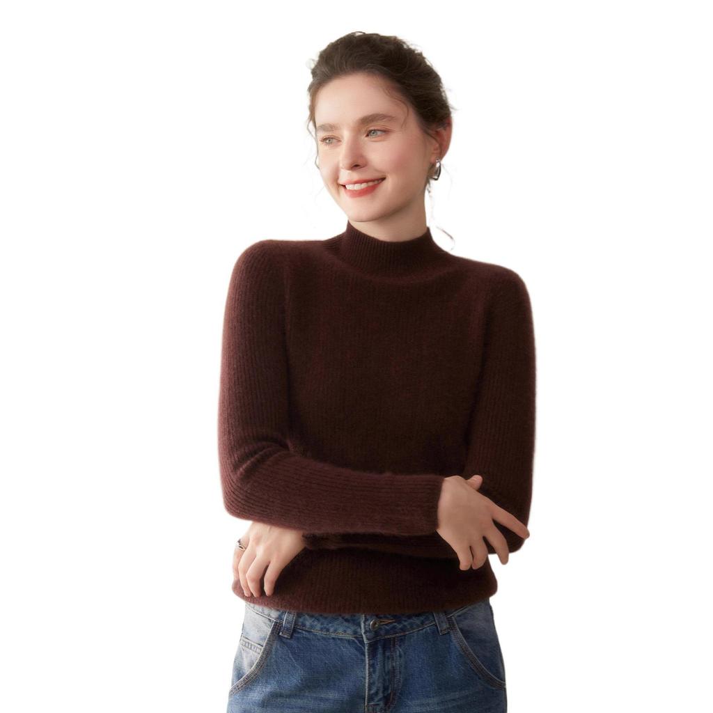 Damen Schlank Geschnittener Rippstrick Kaschmirpullover - Halber Rollkragen, Einfarbige, Perfekt für Herbst & Winter.