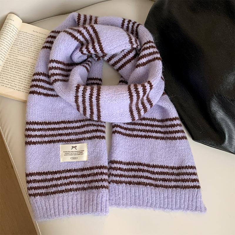 Korean High End Striped Wool Scarf for Women in Winter New Warm and Cold Proof Neck Shawl Knitted Scarf