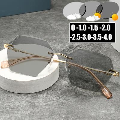 Ladies Diamond Cutting Color Changing Myopia Glasses Luxury Rimless Square Near Sight Eyewear Finished Pochromic Sunglasses
