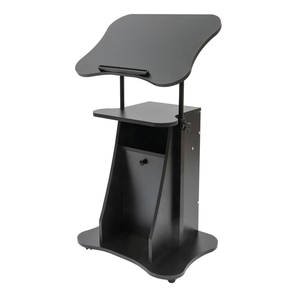 Mobile Laptop Podium, Height Adjustable Sit To Stand Desk with Tilting Desktop & Storage Cabinet, Ergonomic Rolling Lectern Cart