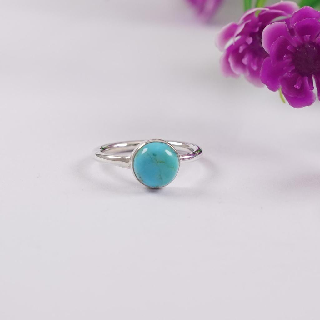 Zarter Königin-Türkis-Ring: 925er Sterlingsilber Handgefertigter Runder Edelsteinring