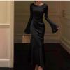 European American Women's Clothing Summer New Style Elegant Flared Sleeves Solid Color Long-sleeved Fashionable Dress