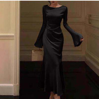 European American Women's Clothing Summer New Style Elegant Flared Sleeves Solid Color Long-sleeved Fashionable Dress