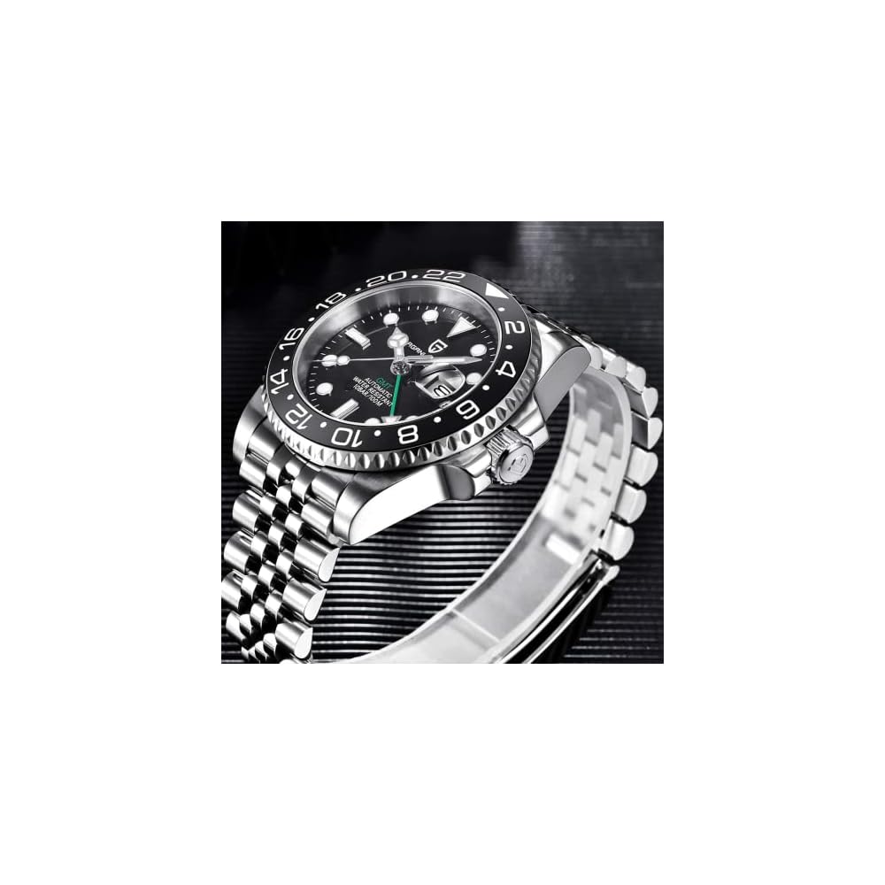 Pagani Design Men's Automatic Diver's Watch GMT Hand Stainless Steel Case Waterproof Ceramic Bezel Sapphire Glass Black PD-1662
